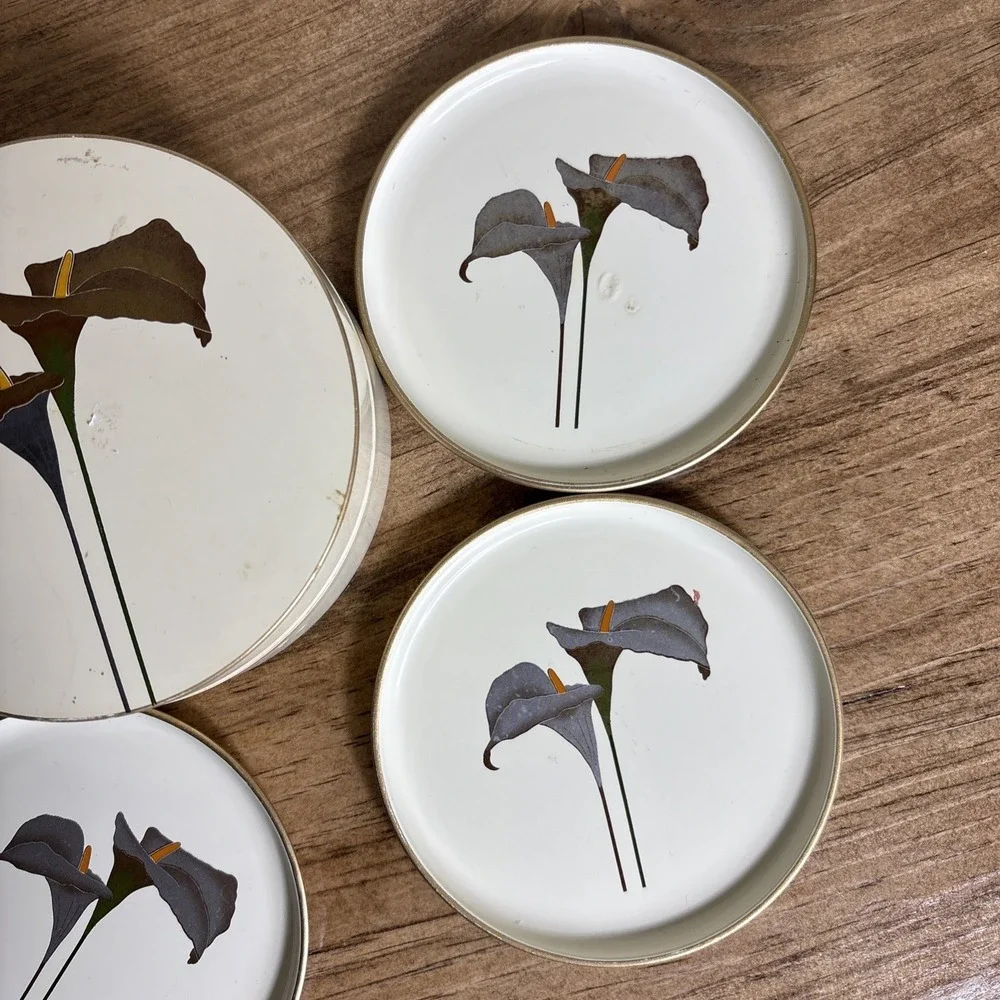 Vintage Otagiri Set 6 Coasters Lacquered Box Golden Calla Japan‎ Chopstick Rest
